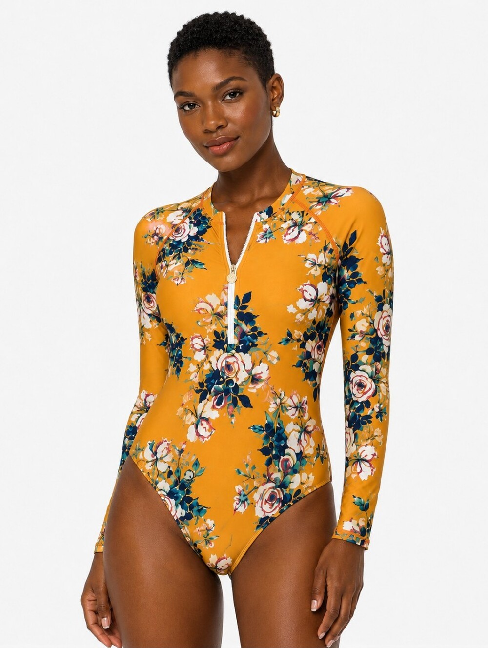 AS ROSE RICH LONG SLEEVE FRONT ZIP RASH GUARD GOLD BLUE  FLORAL SWIMSUIT SIZE XS